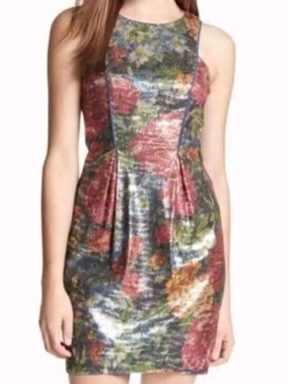Jessica Simpson Metallic Floral Mini Dress in Green, Red, Blue